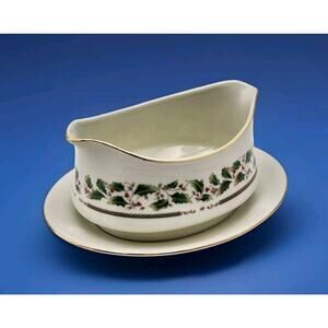 Royal Limited Holly Holiday Gravy Boat Attached Underplate Gold Rim & Holly 1987